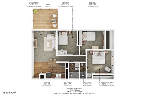 A floor plan of an apartment with a living room, kitchen, bathroom, and bedrooms.